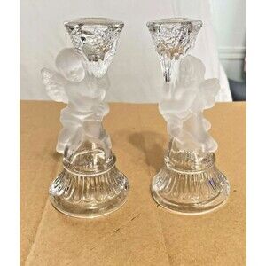 Cherub Candlestick Holders Set of 2 Clear Frosted Glass Angel Decor